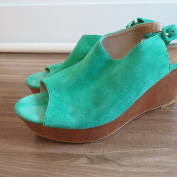 ANTHROPOLOGIE Bow Back Wooden Wedge Peeptoe Sandals in Kelly Green - Size US 10 - Picture 2 of 16